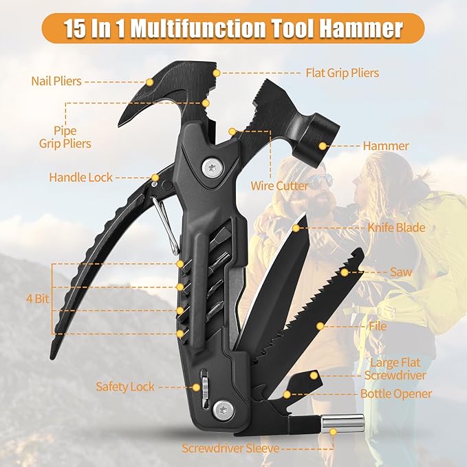 Gifts for men,Multitool Hammer 15 in 1 Camping Accessories Survival Gear,Christmas Stocking Stuffers Unique Brithday Gift Ideas
