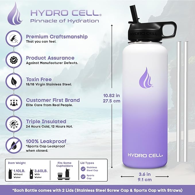 HYDRO CELL Stainless Steel Insulated Water Bottle with Straw - For Cold & Hot Drinks - Metal Vacuum Flask with Screw Cap and Modern Leakproof Sport Thermos for Adults (Lavender/White 40oz)
