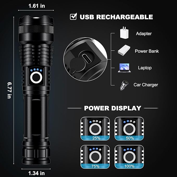 3 Pack Rechargeable LED Flashlights High Lumens, 90,000LM Super Bright Flashlight, Adjustable 5 Modes Powerful Flash Light with USB Cable, Waterproof Handheld Flashlight for Home Camping Emergencies