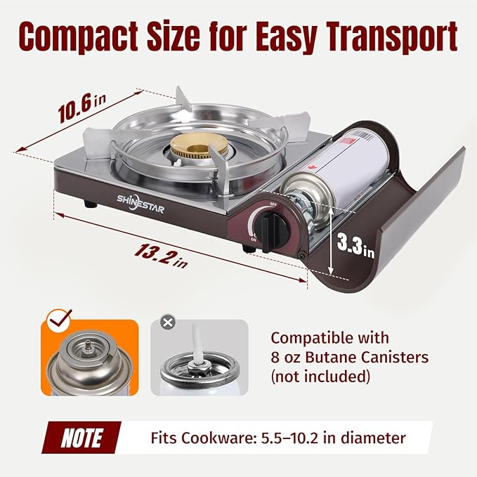 SHINESTAR 14000 BTU Butane Camping Stove, Double Wind-Guard Portable Stove for Outdoor Cooking, Carrying Case Included, Brown