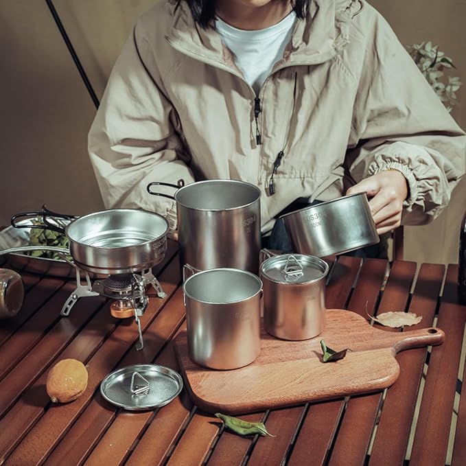 5PCS Stainless Steel Camping Cooking Set Cookware Mess Kit Cook Pots and Pan Set with Cups & Storage Bag, Lightweight Camping Cookware for Hiking Backpacking Outdoor Cooking and