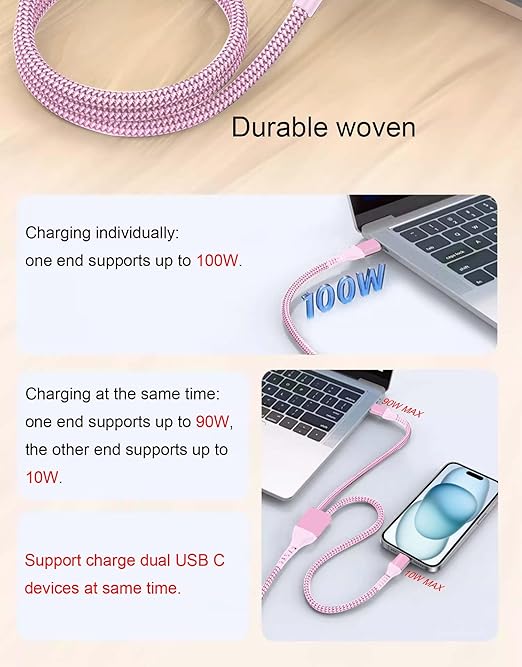 4FT 2 in 1 100W USB C to Dual Type C Fast Charging Cable,iPhone 15 USB C to Double Type c Cable for MacBook Pro/Air,iPad Pro/Air,iPhone 15 Plus/15 Pro Max,Samsung Galaxy S24/S23/S22/S21,Moto,Switch
