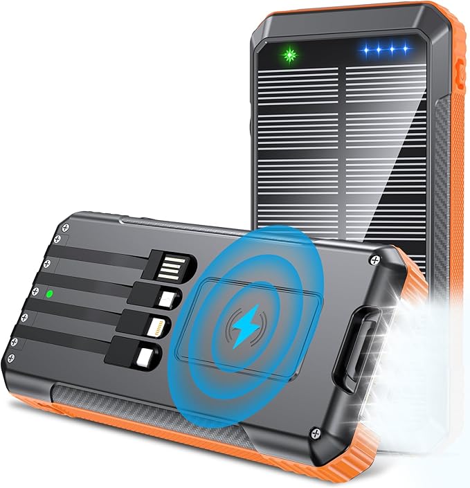 Power Bank Wireless Charger 52800mAh Built in 4 Cables 7 Outputs 22.5W Fast Charging Power Bank for All Mobile Devices 4Inputs Solar Portable Charger with Dual Flashlights (Orange)