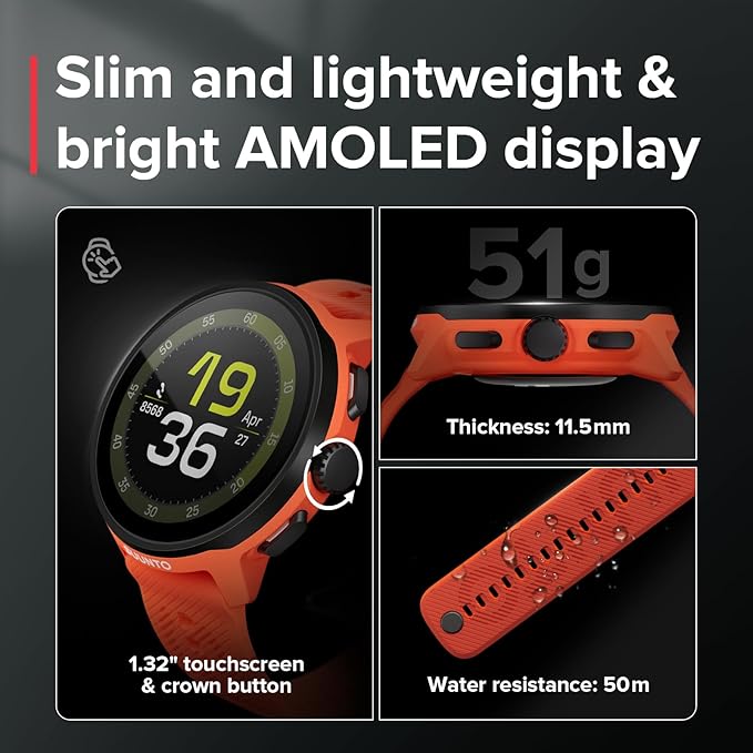 SUUNTO Run Running GPS Sports Watch with Silicone Strap, 1.32" AMOLED Touchscreen w/Crown Button, Wrist Heart-Rate & Sleep Health Tracking, Coral Orange