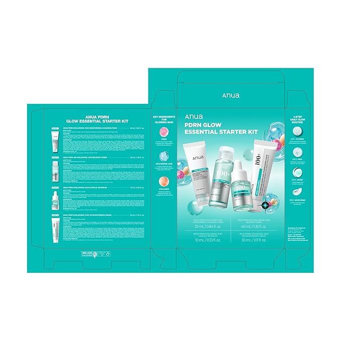 Anua Salmon DNA PDRN Glow Essential Starter Kit, Hyaluronic Acid Skincare Set, Glass Skin Routine with Firming & Hydrating Cleanser, Toner, Serum & Cream, Mini Travel Essentials, Korean Skincare Gift