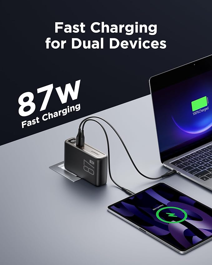 PISEN Wall Charger Power Bank - 87W 2-in-1 Hybrid Charger, 10000mAh GaN USB-C Portable Charger with Wall Plug, 87W Hybrid Charger Power Bank with Wall Plug for iPhone, iPad, MacBook, Samsung, Laptops