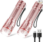 WdtPro Rechargeable Flashlights High Lumens, 2 Pack Super Bright LED Small Tactical EDC Flashlight with 10H Runtime, Portable Flash light for Camping, Home, Emergency Essentials Pink(Battery Included)