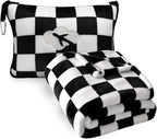 Travel Blanket and Pillow Compact, Premium Soft 2 in 1 Airplane Blanket with Soft Bag Pillowcase，Hand Luggage Sleeve and Backpack Clip (Checkered Black)