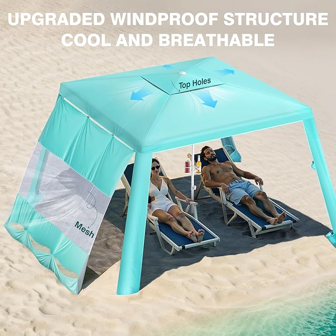 Rhino Valley Beach Tent Shade Canopy UPF50+ Protection, 8 Sandbags, 4 Stability Poles, Outdoor Sun Shelter Umbrella for Sand, Camping, Fishing Essentials