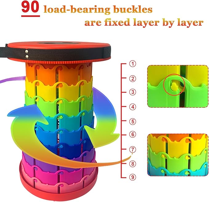 Jakuva Rainbow Travel Camping Stool, Retractable Portable Folding Stool,Collapsible Telescoping Stool with Max Load 360lbs for Adults for Indoor Outdoor Hiking Gardening