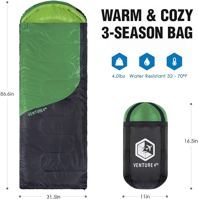 VENTURE 4TH Backpacking Sleeping Bag – XXL, Double and Single Sizes - Lightweight Warm & Cold Weather Sleeping Bags for Adults, Kids & Couples – Ideal for Hiking, Camping & Outdoor Adventures