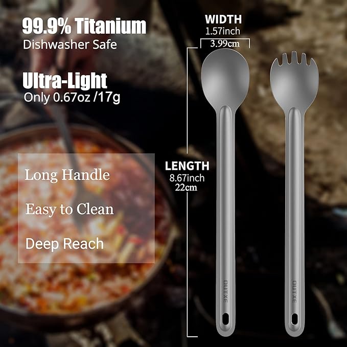 OUTXE Titanium Long Handle Spork and Spoon, 8.7-Inch Camping Set