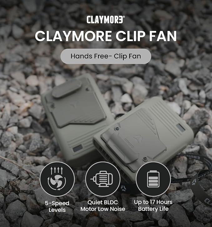 Claymore Clip Fan Khaki – Portable Rechargeable Fan with 5200mAh Battery, 5-Speed Quiet BLDC Motor, Hands-Free Clip Design with Neck Strap, USB-C Charging – Ideal for Camping, Hiking, Outdoor Use