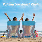 Homcosan Portable Low Folding Beach Chairs Set of 2 - Lightweight Camping Chairs for Adults with Cup Holder & Storage Pockets, Carry Bag Included (Blue & Pink)