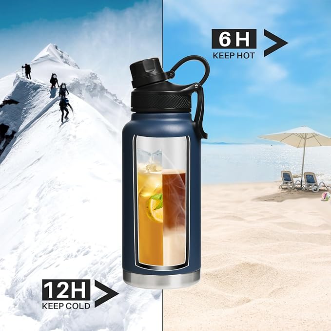 Sports Water Bottle 24/32/40/64Oz with Straw Lid Dustproof, 3 Lids, Vacuum Insulated Stainless Steel, Simple Thermo Flask, Modern Double Wall Hydro Metal Canteen- 32 Oz Navy Blue