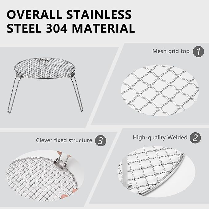 RROMATELX Small Folding Camping Grill，304 Stainless Stee Portable Camping Stove，Campfire Grate，Heavy Duty Rack Camping with Carrying Bag for Outdoor Cooking Backpacking Hiking Picnic BBQ