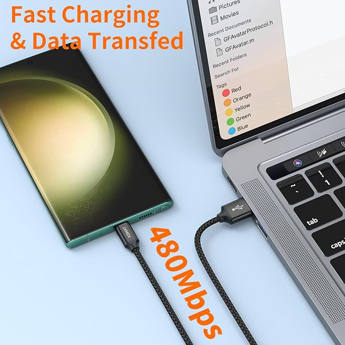 JXMOX Short USB C Cable (0.5ft 3-Pack), USB A to Type-C Charger Cord 3.1A Fast Charging Compatible with iPhone 15 16 Pro Max, Samsung Galaxy S20 S10 S9, Note 10 9, A80 A70 A50 A40, Power Bank (Black)