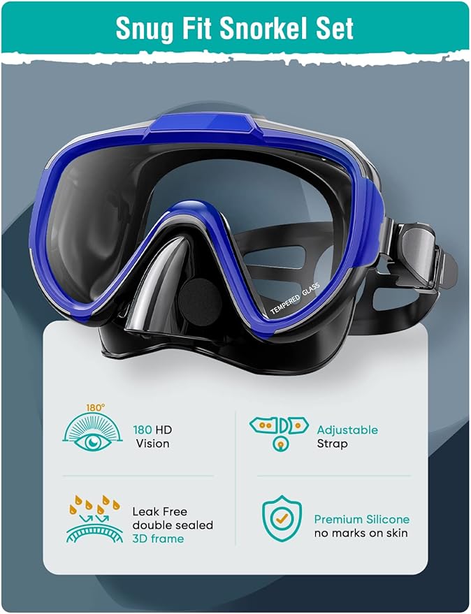 Snorkel Set Adults Snorkeling Gear Anti-Fog Panoramic View Swim Mask Dry Top Snorkel Kit with Carry Bag for Snorkeling Scuba Diving Swimming Travel