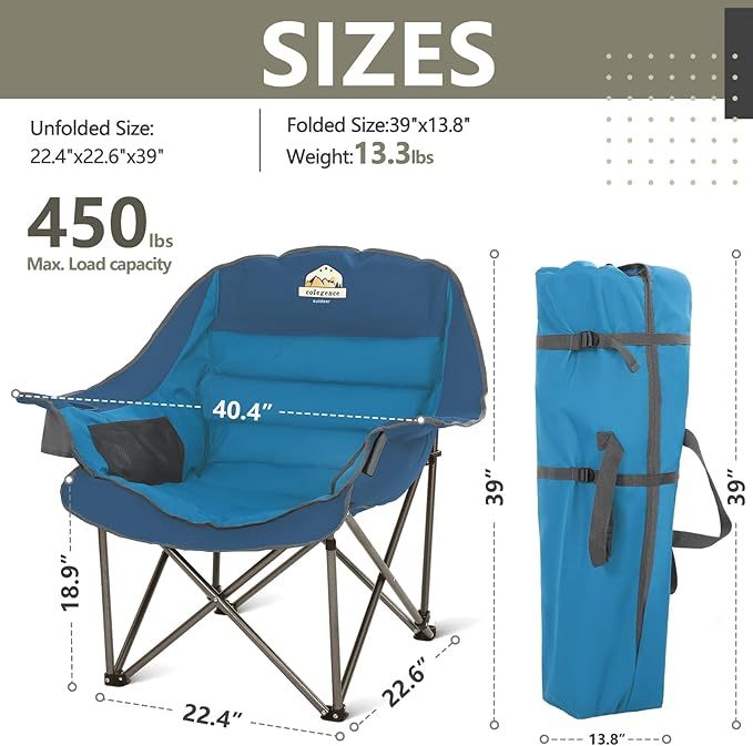 Colegence Oversized XL Padded Camping Chair Set of 2 Wide Heavy Duty Lawn Chairs Support 450 LBS Portable Folding Gaint Plus Camp Chair for Outdoor Outside Sports Baseball Soccer-Blue