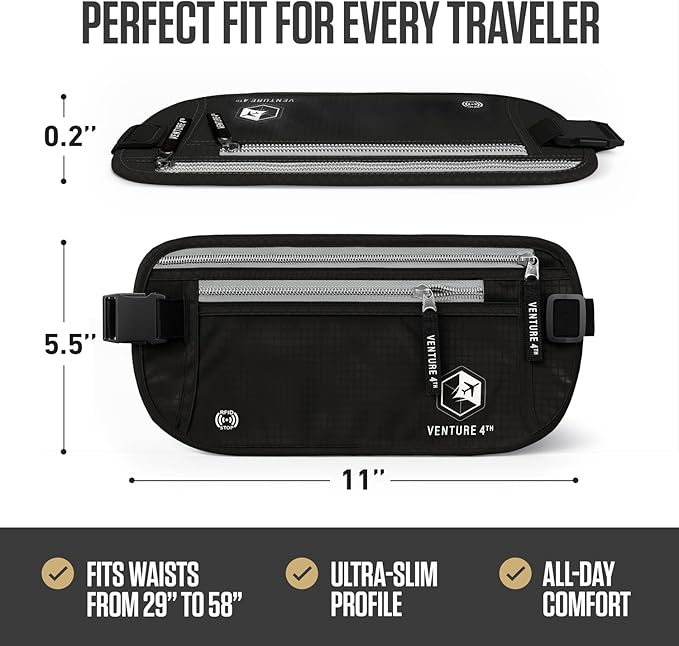 VENTURE 4TH Money Belt for Travel – Slim Hidden Under-Clothes RFID Blocking Anti-Theft Passport Holder & Travel Wallet Pouch for Men & Women to Protect Cash, Cards & Documents (Black)