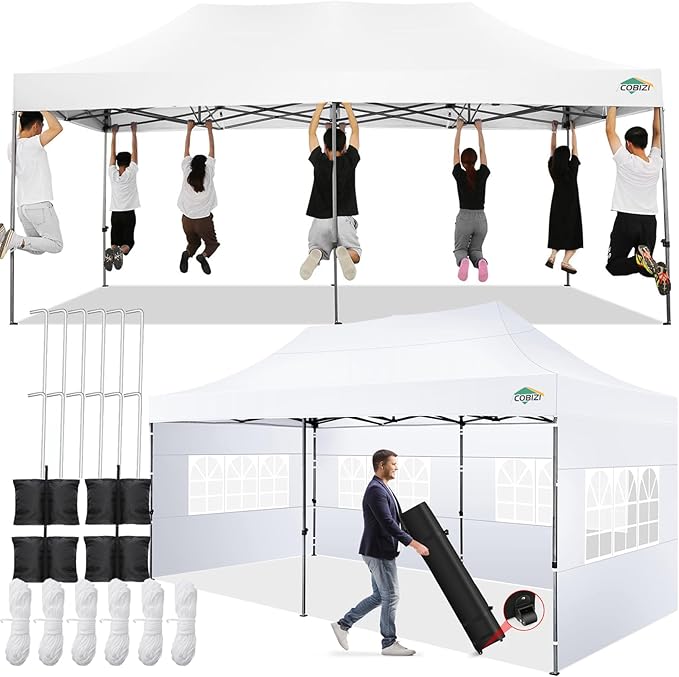 COBIZI 10x20 Pop up Canopy Tent with 6 Sidewalls, Waterproof Heavy Duty Commercial Canopy for Parties, Outdoor Tent, Garden Gazebo, Carry Bag with Wheel (10x20ft, White)