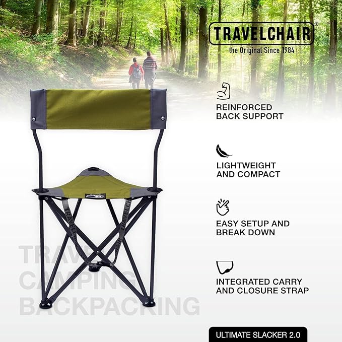 Travel Chair Ultimate Slacker, Quick Folding Tripod Stool with Backrest, Fishing Camping Hiking Chair with Carry Strap, Polyester, Green