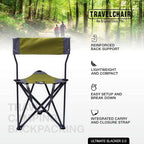 Travel Chair Ultimate Slacker, Quick Folding Tripod Stool with Backrest, Fishing Camping Hiking Chair with Carry Strap, Polyester, Green