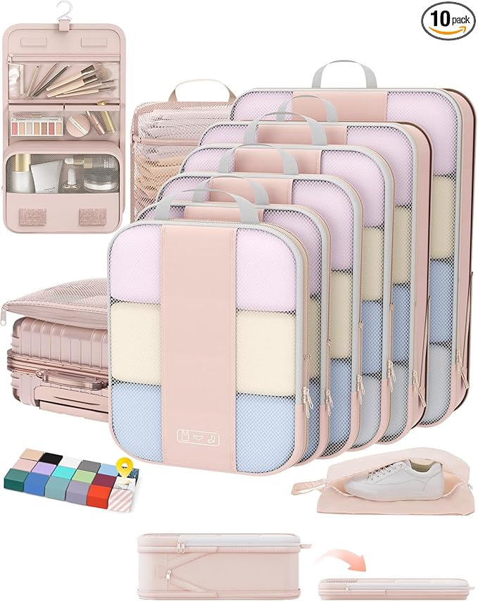 10 Set Compression Packing Cubes for Travel,Luggage Clothes Storage Gifts for Women Mom Her,Airplane/Cruise/Car/Train Travel Essentials,OlarHike Compressible Expandable Saver Space Bags(Beige)