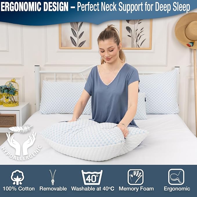 alkamto Cooling Shredded Memory Foam Pillow – Adjustable Gel for Personalized Support – Double-Sided Ice Silk & Soft Rayon – Lightweight, Compressible (White) (Queen)