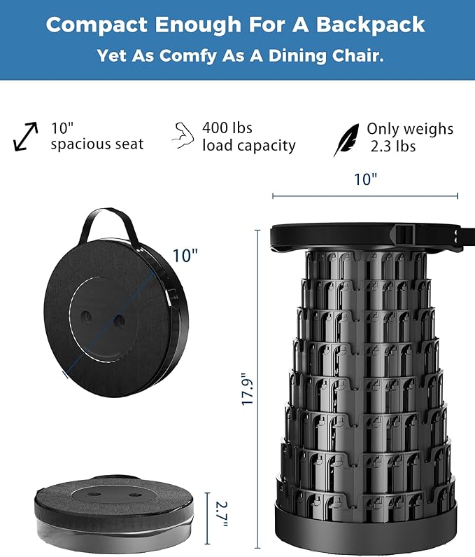 Upgraded Collapsible Stool with Removable Cushion & Waterproof Carry Bag - Portable Folding Stool for Adults, Camping, Fishing, Hiking - Lightweight Yet Sturdy Max 400lbs
