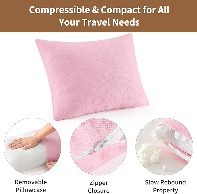 Small Shredded Memory Foam Pillow, Camping Pillow Travel Pillow - Compressible Medium Firm, Breathable Cover, Ideal Backpacking Hiking, Airplane and Car (Apricot Pink, M)