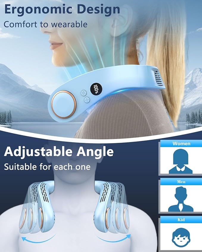 Personal Cooling Device,Portable Neck Fan,Bladless Easy Breezy Hands Free Neck Cooler,Long Lasting Power Unit AC,Light Weight Individual Shoulder Headband for Traveling Camping Outside Walking Blue