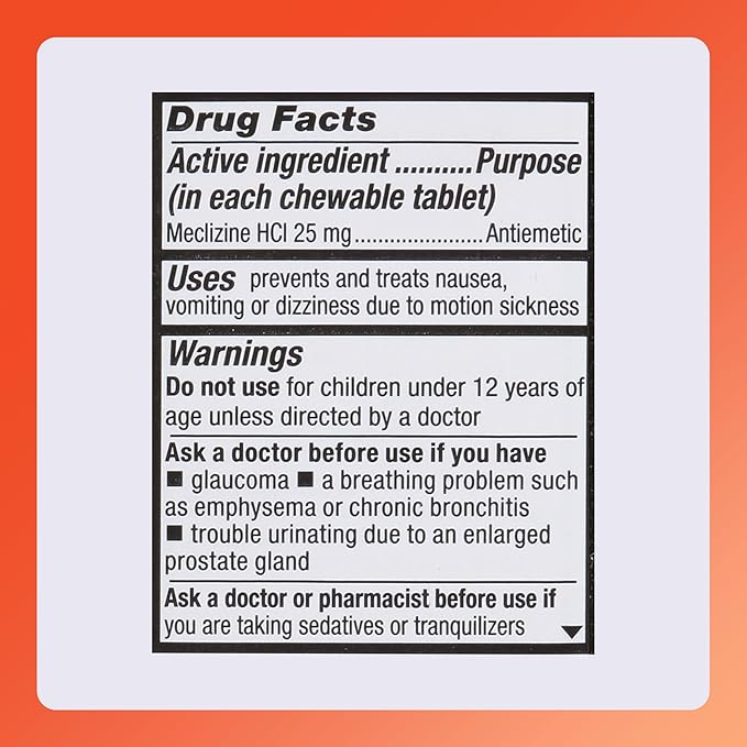 Rugby Meclizine Chewable Tablets 25mg - Anti-Nausea Medicine Helps with Motion Sickness - 100 Count (6 Pack)