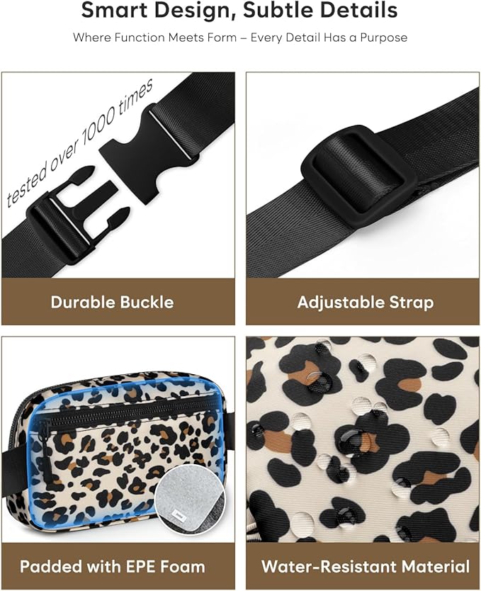 Pritent Fanny Packs for Women Cross Body Bag Waterproof Belt Bag with Adjustable Strap and Zipper Back Pocket Small Crossbody Bags Fashion Waist Packs for Workout Travelling(Leopard, Large)