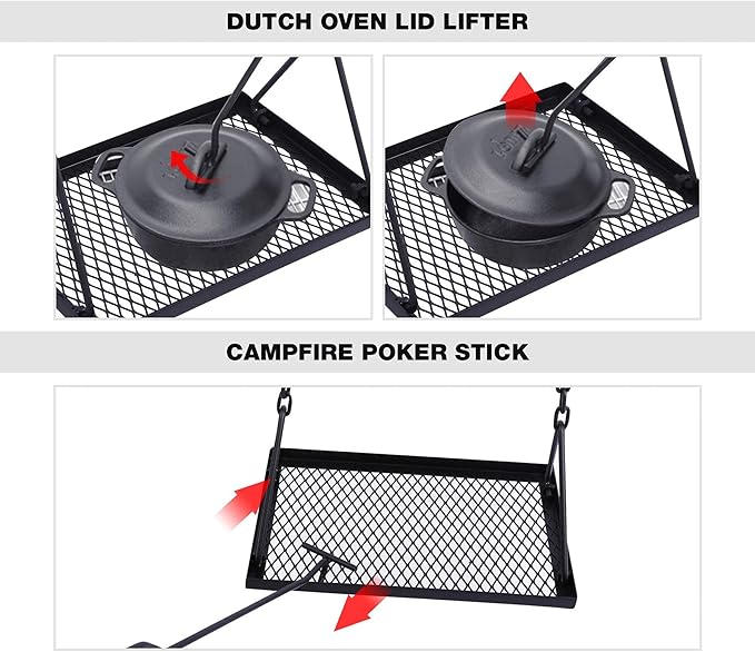 REDCAMP Swing Campfire Grill Stand - Collapsible Campfire Cooking Rack with 6 Hooks & Iron Grill Grate, Portable Dutch Oven Hanger for Outdoor Camping, Cookware, Bonfire, Rectangle