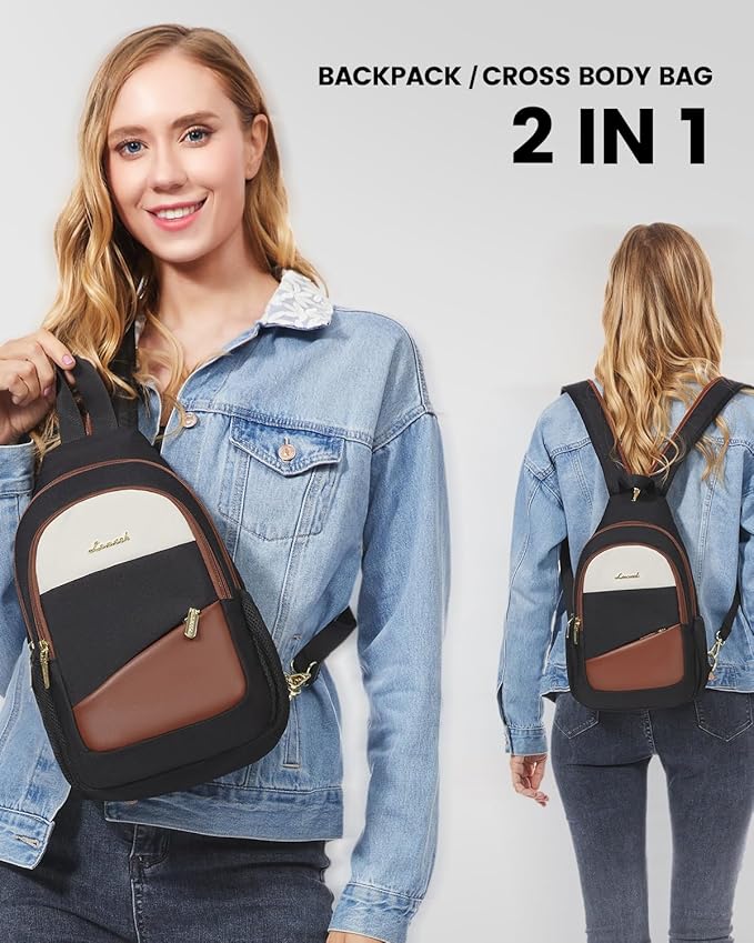 LOVEVOOK Sling Bag for Women, Convertible Sling Backpack, Small Water-resistant Daypack, Travel Chest Bag, Black, Brown, Beige