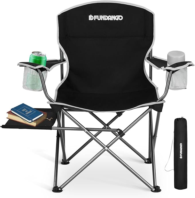 FUNDANGO Folding Camping Chair with Table, Portable Heavy Duty Outdoor Padded Chairs for Adults with Cup Holders for Lawn Beach Picnic Outside Travel (Black)