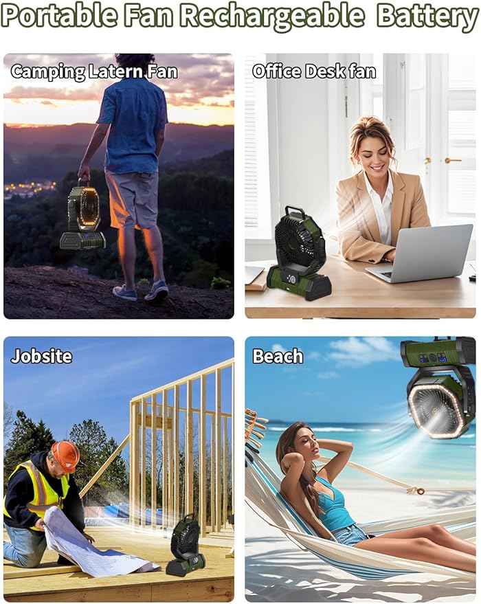 Battery Operated Fan Portable Camping Battery Powered Fan with LED Lantern Light 20000mAh Rechargeable, Oscillating, 360° Rotation Hanging Hook for Tent, Canopy, Beach, Outdoor(Green)