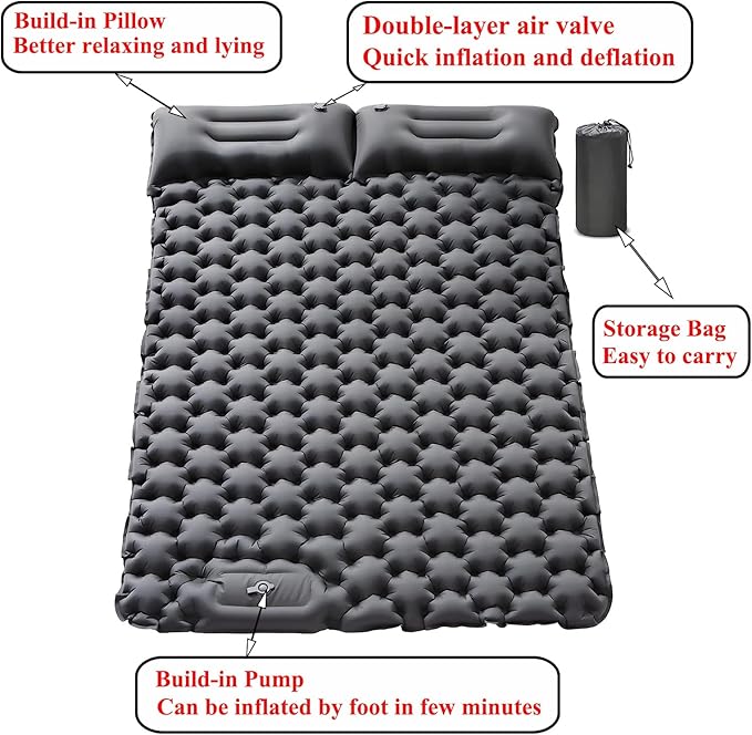 Inflatable Double Camping Mat with Pillow, Build-in Foot Pump Ultralight Sleeping Air Matress Pad for 2 Person, Portable Bed Compact for Camping Hiking Backpacking Outdoor (Grey, Double)