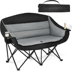 Double Camping Chair Loveseat - 2 Person Oversized Camping Couch for Adults Padded Heavy Duty Outdoor Lawn Beach Portable Folding XL Chairs with Cup Holders and Carry Bag Support 600lbs, Black/Grey