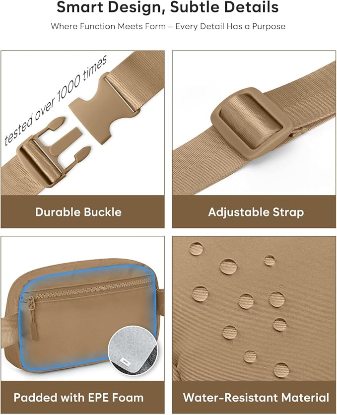 Pritent Fanny Packs for Women Cross Body Bag Waterproof Belt Bag with Adjustable Strap and Zipper Back Pocket Small Crossbody Bags Fashion Waist Packs for Workout Travelling(Khaki, Large)
