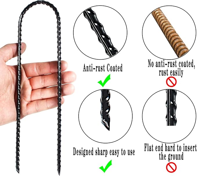 10"x2" Trampolines Wind Stakes Heavy Duty U Shape Galvanized Steel Trampoline Stakes Ground Anchors with Sharp End for Camping Tent, Garden Staples, Trampoline Pins (24)