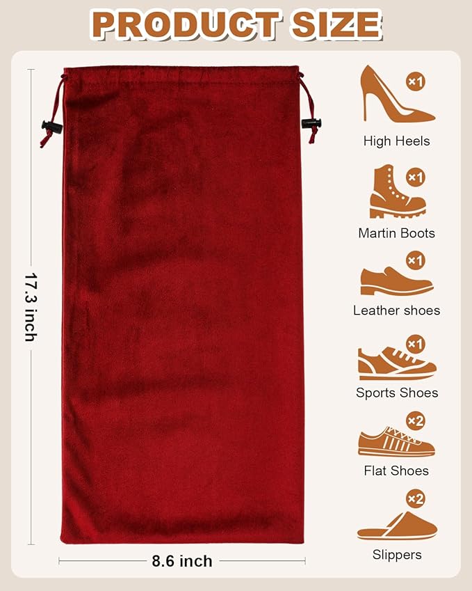 2 Pcs Single Shoe Bags for Travel, 17.3"x8.6" Washable Travel Shoe Bags for Packing in Suitcase, Velvet Dust Bag with Drawstring, Shoe Pouch for Women and Men, Travel and Home Storage (Rio Red)