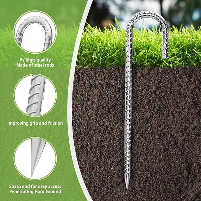 Ground-Stakes-Heavy-Duty-12-Inch, J Hook Rebar Stakes Galvanized Anti-Rust 10pcs Metal Stakes for Ground Heavy Duty Ground Anchors for Garden Dog Fence Chicken Coop Deer Fence