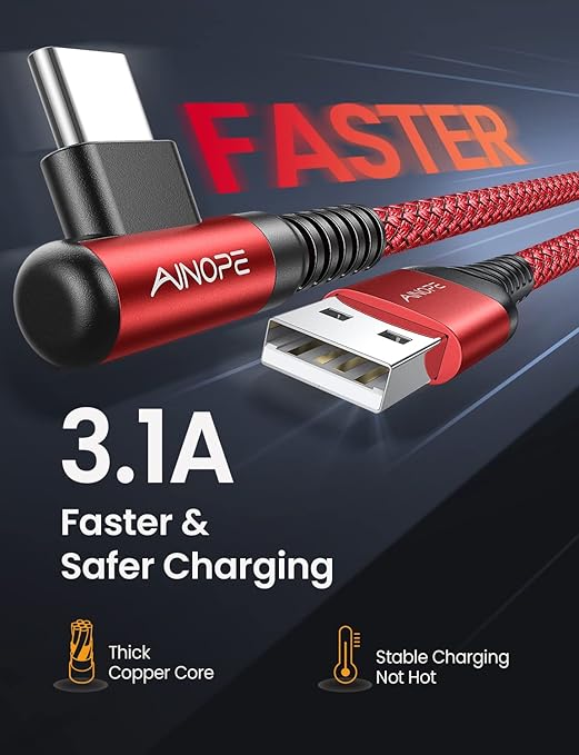 USB C Cable [2 Pack 1.6FT] Fast Charger Type C 3.1A Right Angle Nylon Braided USB Type C Cable Compatible with Galaxy Note 10 9 A51, S22 S21 S10 LG G8 G7 Charging Cord