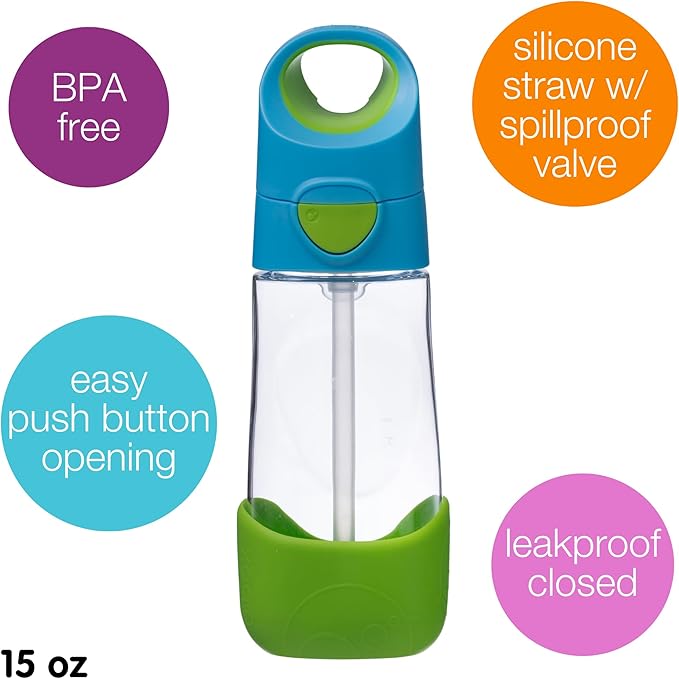 b.box Kids Water Bottle – Tritan Toddler Drink Bottle with Straw for School, Daycare, Travel w/Easy-Grip Triangular Design, Leak Proof Lid & Handle, BPA Free, Dishwasher Safe (Ocean Breeze)