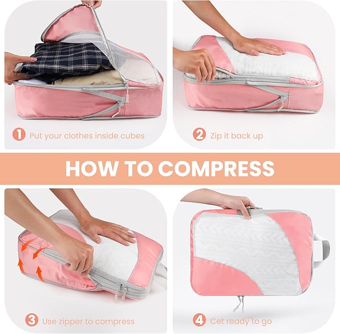10 Set Compression Packing Cubes, Lightweight Travel Essentials, Stretchable Expandable Storage Bags, Compression Bags for Travel Accessories Luggage Storage Set (Pink, 10 set)