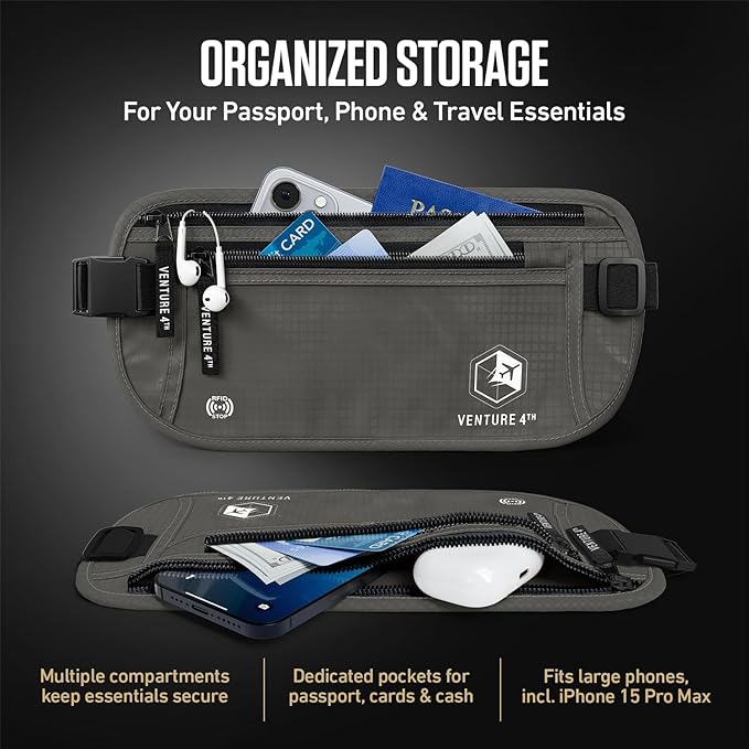 VENTURE 4TH RFID Money Belt for Travel with RFID Blocking Sleeves – Slim Hidden Travel Wallet & Passport Holder for Men & Women, Lightweight Anti-Theft Pouch to Protect Cash, Cards & Documents - Gray