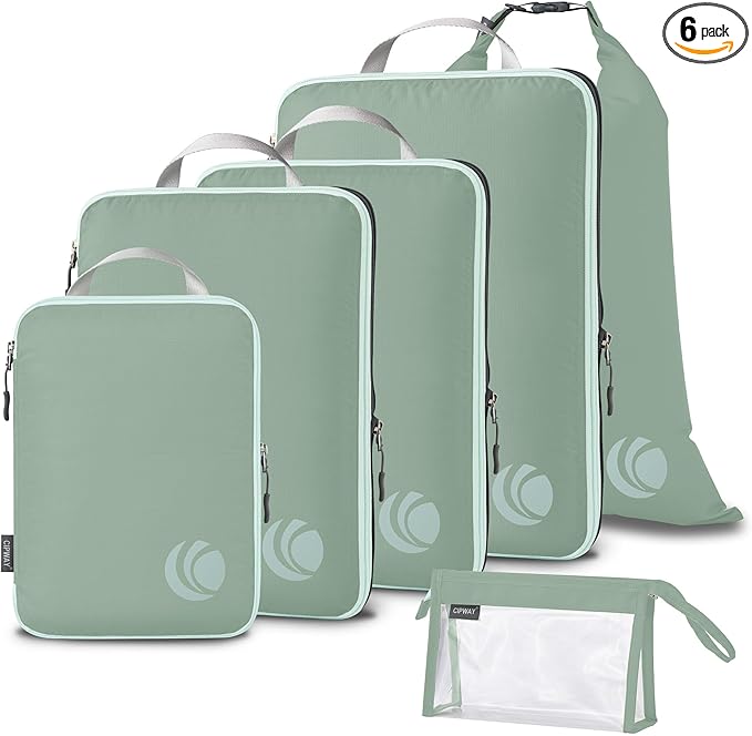 Cipway Compression Packing Cubes, Ultralight Luggage Organizer Bags with Laundry Bags and Clear Toiletries Bag, Travel Essentials for Carry on Suitcase (6 Piece,Sage Green)