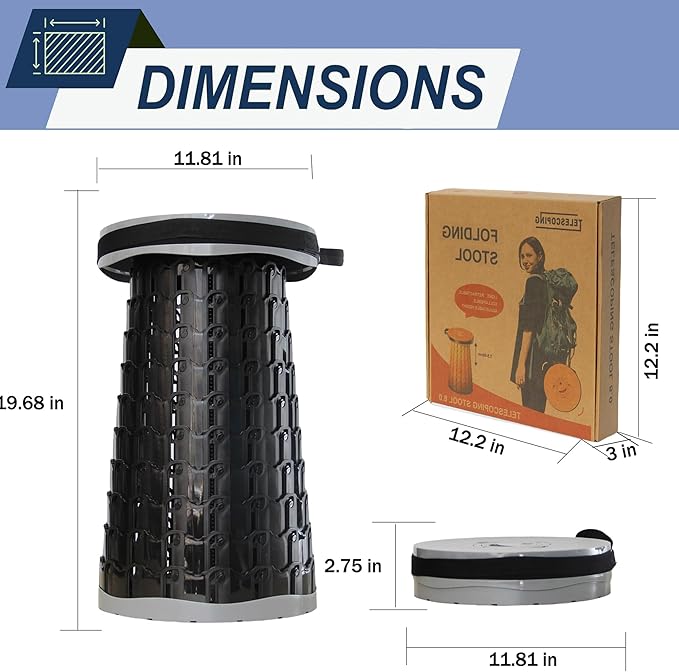 ALEVMOOM 2025 Upgraded XXL Collapsible Stool with Cushion 19.7",1000lbs Max Weight,Wider & Taller Seat, Heavy Duty Portable Retractable Folding Chair or Travel Foot for Camping & Outdoors(Grey)